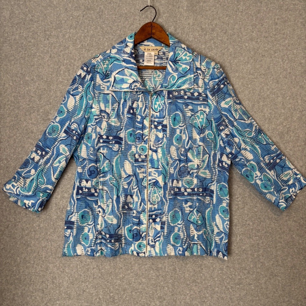 Vintage a la carte Blue Funky Full Zip Women's XL Sheer‎ Jacket 3/4 Sleeve